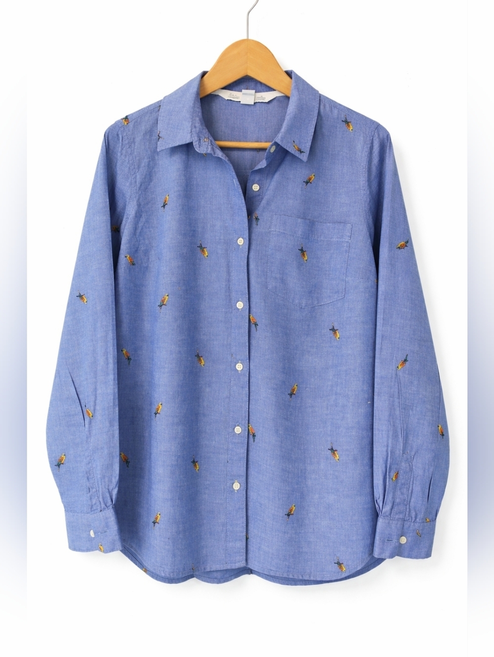 Old Navy Button Up Shirt Women Size M Parrot Collared Blue Long Sleeve